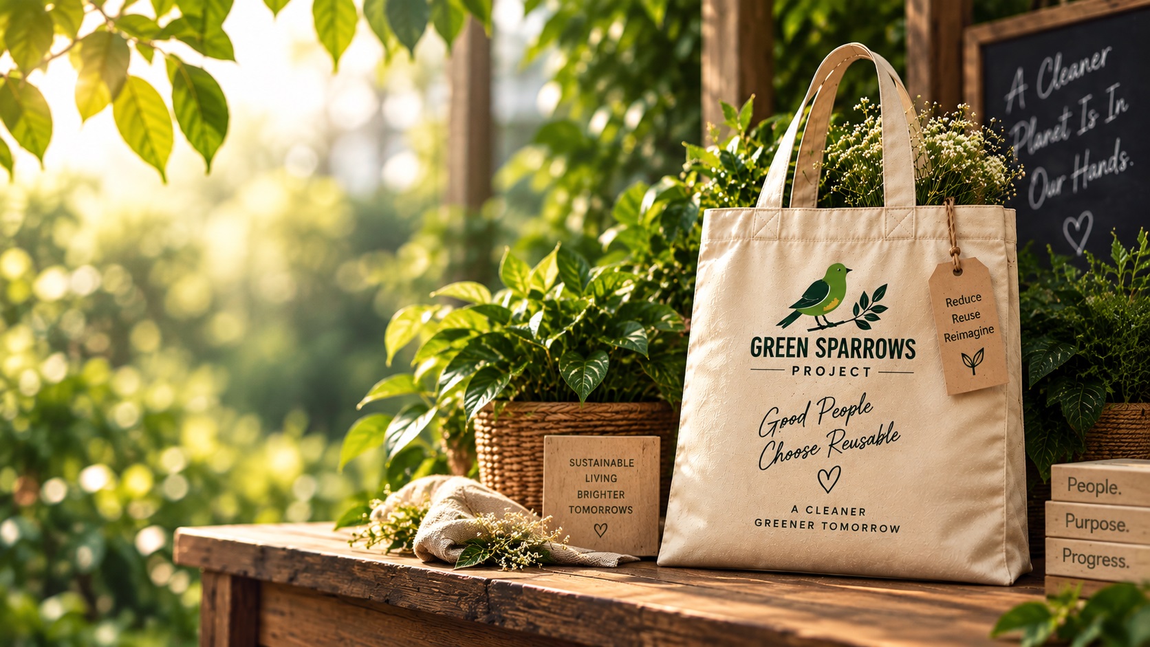 Canvas bag surrounded by plants